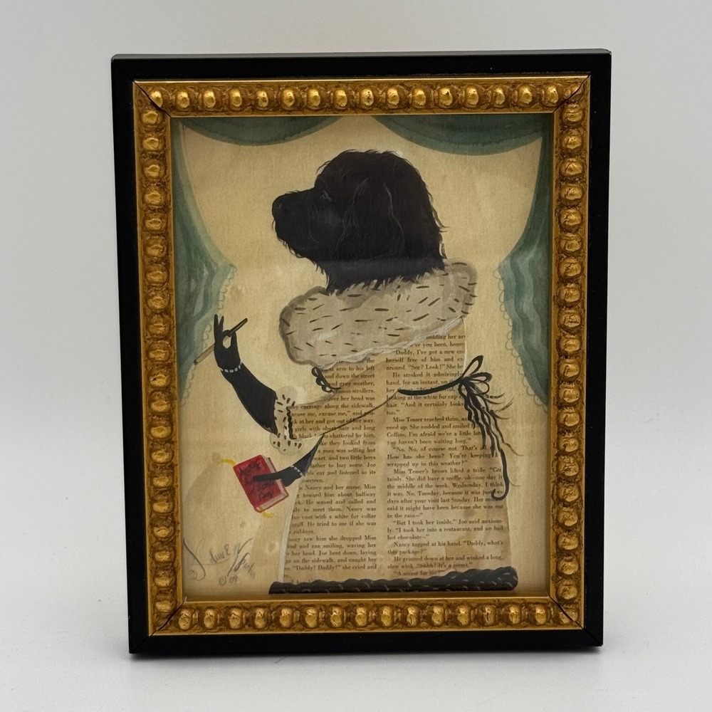 Spicher and Company Black Dog Silhouette Vintage Book Page Framed Art 7x6